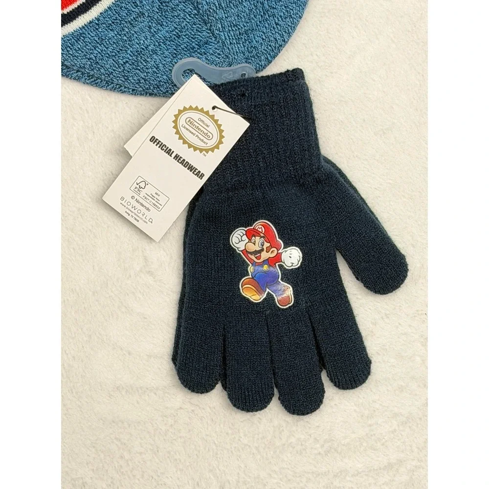 Super Mario Bros Nintendo NWT Knit Youth Hat & Gloves Set Cuffed Pom Beanie - Picture 2 of 4